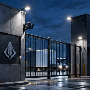 Portón industrial de noche con una cámara Narsil Protocol